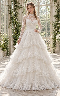 Modest High Neck Long Sleeve Tiered Lace Ball Gown Wedding Dress