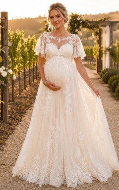 Romantisches Umstands-Brautkleid mit Schmuckkragen, flatternden Spitzenärmeln und Empire-Schnitt