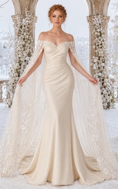 Vestido de novia formal de corte A, modesto, de manga larga y hombros descubiertos.