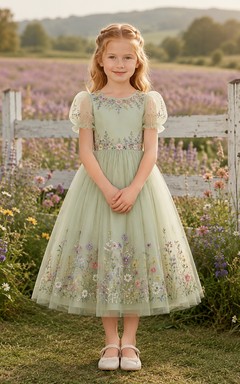 Sage Floral Embroidery Tulle Flower Girl Tea-Length Puff Sleeve Garden Dress