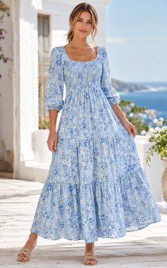 Light Blue Floral Square Neck Three-Quarter Puff Sleeve Tiered Ankle-Length Bohemian Dress