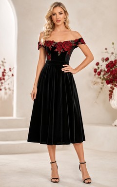 Black Red Floral Lace Off-the-shoulder Short Sleeve Tea-length A-Line Cocktail Dress
