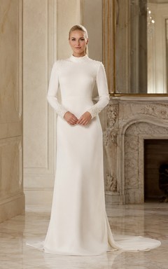 Robe fourreau en crêpe à col montant et manches longues, doublée de marbre