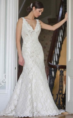 Meerjungfrauen-Brautkleid aus Spitze, ärmellos, mit V-Ausschnitt und rückenfreiem Design