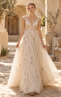 Boho Champagne V-neck Floral Embroidered Tulle A-line Sweet Sixteen Gown