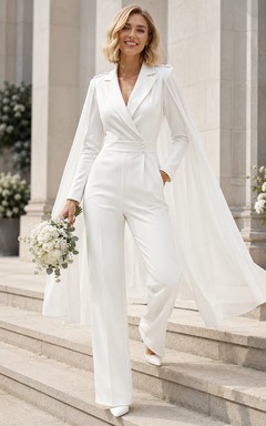Combinaison de mariée luxueuse à col en V, manches longues, cape et jambes larges