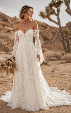 Off-the-Shoulder Boho Wedding Dress with Long Lace Sleeves, Sweetheart Bodice & A-Line Train