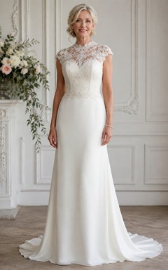 Robe de mariée fourreau en dentelle illusion à manches courtes et traîne courte, idéale pour les mariées plus âgées.