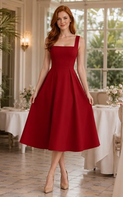 Robe de fiançailles/dîner rouge en satin à col carré et coupe trapèze, longueur thé