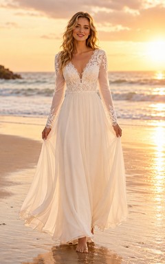 Robe de mariée en mousseline à manches longues en dentelle et col en V, style plage