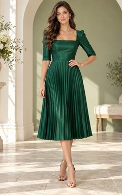 Dark Green Square Neck Elbow Sleeve Pleated Guest Dress