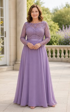 MOB-Kleid aus Wisteria-Chiffon mit Spitze, A-Linie, langen Ärmeln, U-Boot-Ausschnitt, bodenlang, mit Schärpen-Detail