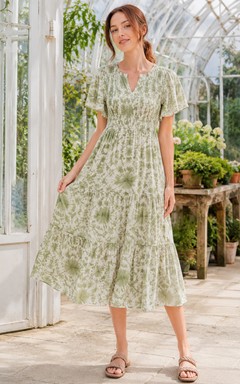 Sage Shibori V-Ausschnitt Flatterärmel Garten Midikleid
