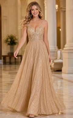 Vestido de tul con escote en V y brillo color champán, corte A, largo hasta el suelo, Perú.