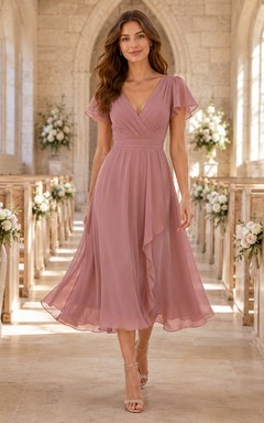 Chapel Dusty Rose V-Neck Chiffon A-Line Tea-Length Flutter Sleeve Dress