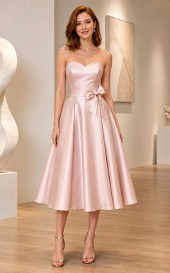 robe de cocktail bustier en satin rose poudré, coupe trapèze, taille nouée