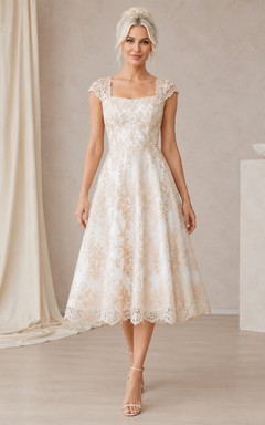 Simple Lace Square Neck Sleeveless A-Line Tea-length Bridal Dress