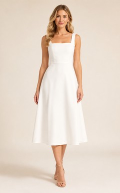 Robe de mariée civile simple en satin plissé à bretelles carrées et dos nu, coupe thé, ornée de plis et d'un drap-hauteur, pour un mariage civil.