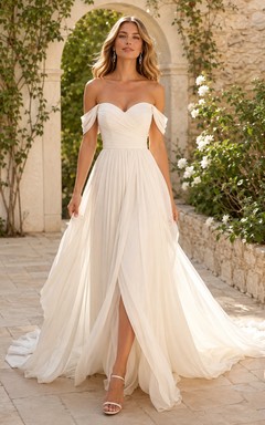 Flowing Off Shoulder Ruched Chiffon A-Line Slit Sweep Outdoor Wedding Dress