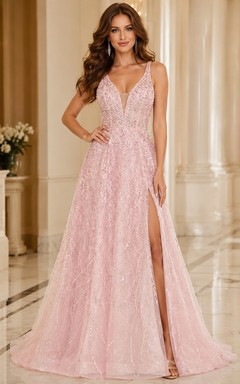 Sexy Elegant V Neck Glitter A Line Split Floor Length Formal Gown