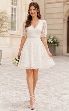 Vintage V Neck Half Lace Sleeve A Line Mini Civil Wedding Dress