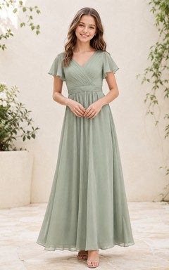 Celadonfarbenes Brautjungfernkleid für junge Mädchen, A-Linie, V-Ausschnitt, kurze Blütenblattärmel, Chiffon, schlicht