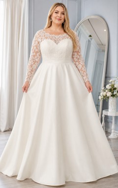 Robe de mariée de bal en satin, col bijou, manches longues illusion, dentelle, taille moyenne, grande taille.