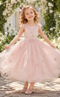 Pink Romantic A-Line Tulle Flower Girl Dress Cap Sleeve Scoop Neck Tea-Length Star Detail