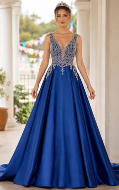 Elegantes königsblaues Satin-Festkleid in A-Linie, bodenlang, V-Ausschnitt