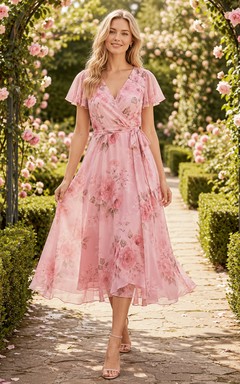 Pink Floral Wrap Flutter Sleeve Tea Length Garden Dress