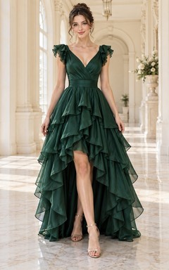 High-low Vintage Dark Green V-neck Ruffle Chiffon Long Prom Dress
