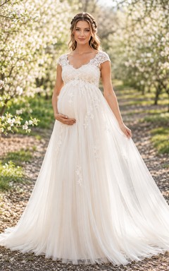 Maternity Cap Sleeve Lace V-Neck Empire A-Line Wedding Dress