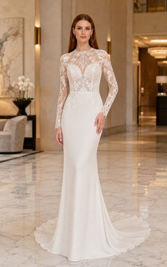Modest Lace Tulle Wedding Dress Mermaid Jewel Neck Long Sleeve Court Train Bridal Gown