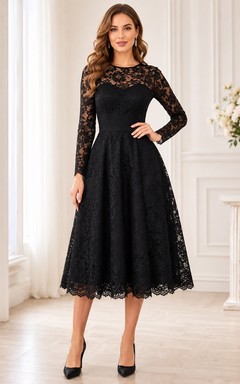Black Lace V-Neck Long-Sleeve Classic Tea-Length Formal Dress