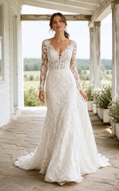 Rustic Plunging V Neck Long Sleeve Lace Mermaid Deep V Back Wedding Dress