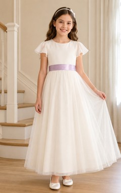 Robe de communion en tulle à col rond et manches papillon, longueur cheville, col rond, robe de communion en tulle.