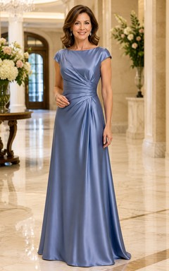 Stahlblaues A-Linien-Kleid aus Satin mit seitlicher Drapierung