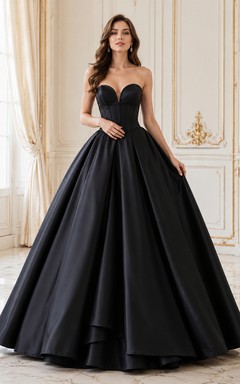Vestido de fiesta largo hasta el suelo con cola, de satén negro, sin tirantes, escote corazón, pliegues, escote en V profundo, cremallera en la espalda y falda larga.