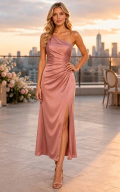 Rooftop Dusty Rose One-Shoulder Satin Sheath Tea-Length Slit Guest Dress