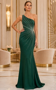 Vestido formal de sirena de un solo hombro en verde oscuro con detalles de pedrería radiante para la noche.