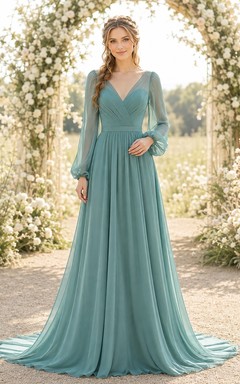 Türkisfarbenes, langärmeliges, romantisches Brautkleid aus Chiffon mit V-Ausschnitt, A-Linie und bodenlanger Silhouette