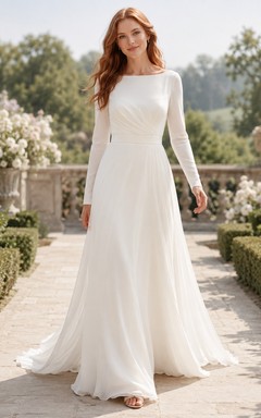 Minimalist Chiffon Wedding Dress A-Line Bateau Neck Long Sleeve Sweep Train Bridal Gown