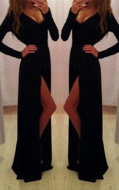 Sexy Black Long Sleeve V-Neck Prom Dresses Front Split Long