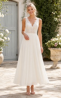 Robe de mariée vintage en dentelle et tulle, coupe trapèze, col en V, sans manches, longueur thé.