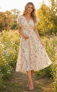Soft Wildflower Print V-Neck Flutter Sleeve Midi Dress