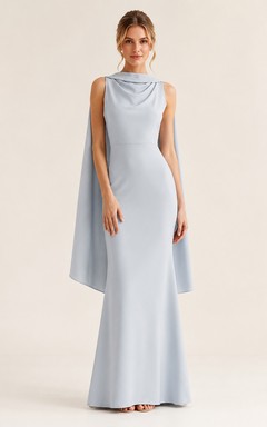 Pale blue high neck cape sleeve floor length sheath dress