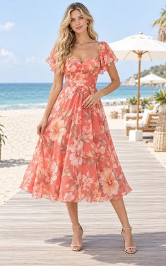 Vestido de playa de manga corta, largo midi, corte A, con escote en V y estampado floral coral.