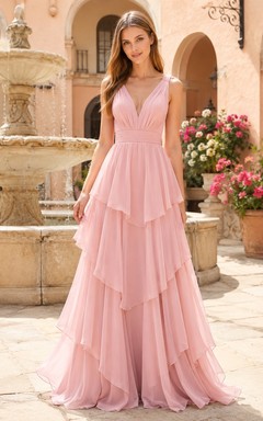Blush V Neck Cascading Ruffle Chiffon Prom Gown