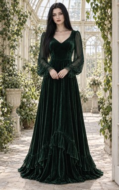 Vestido de dama de honor gótico romántico de manga larga con escote en V, cuello en V y bajo con volantes.
