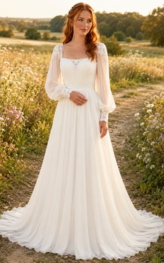 Boho Chiffon Wedding Dress A-Line Square Neck Long Sleeve Sweep Train Bridal Gown